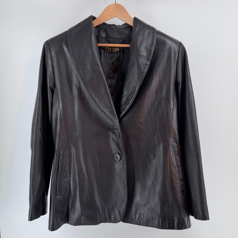 Vintage Chosen Couture XL Black Leather Blazer Jacket Women's Mid Length Parisia - Picture 3 of 16